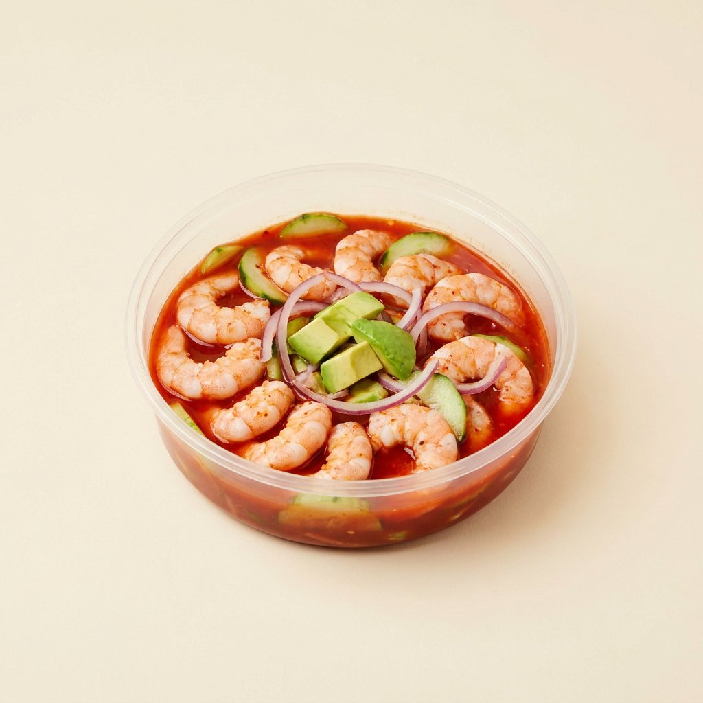 Aguachile rojo con camarones, pepino y aguacate