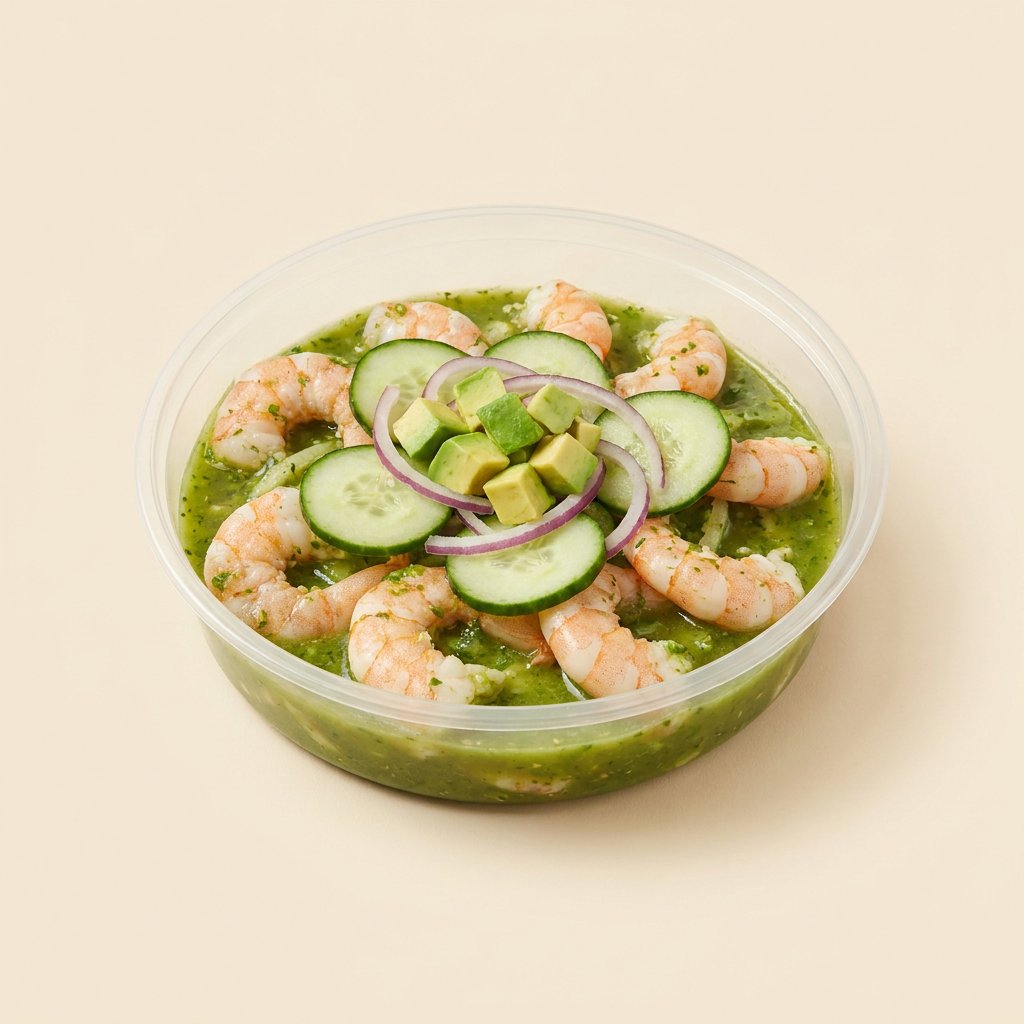 Aguachile verde con pepino, cebolla morada y aguacate