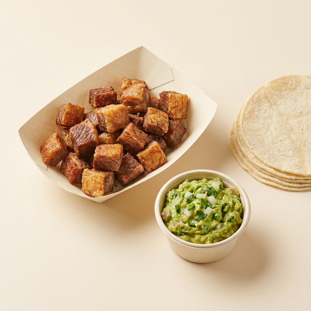 Chicharrones de puyazo con aguacate molcajeteado y tortillas