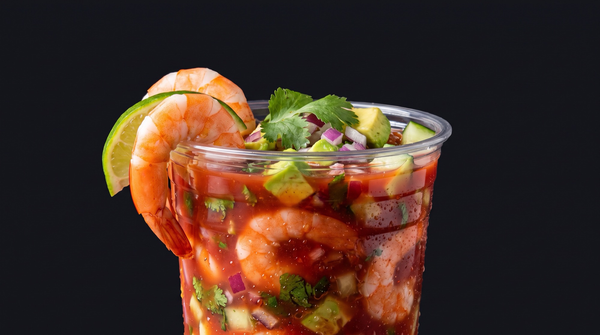 Vaso transparente de El Mero Mero: camarones, salsa roja, aguacate, cilantro y limón, con dos camarones colgando del borde
