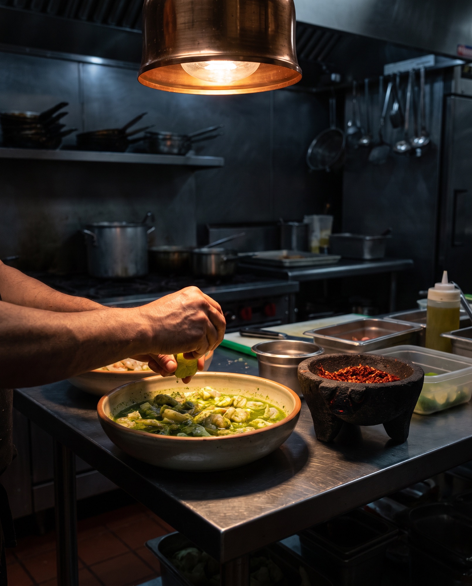 Manos exprimiendo limón sobre un aguachile verde junto a un molcajete con chiles