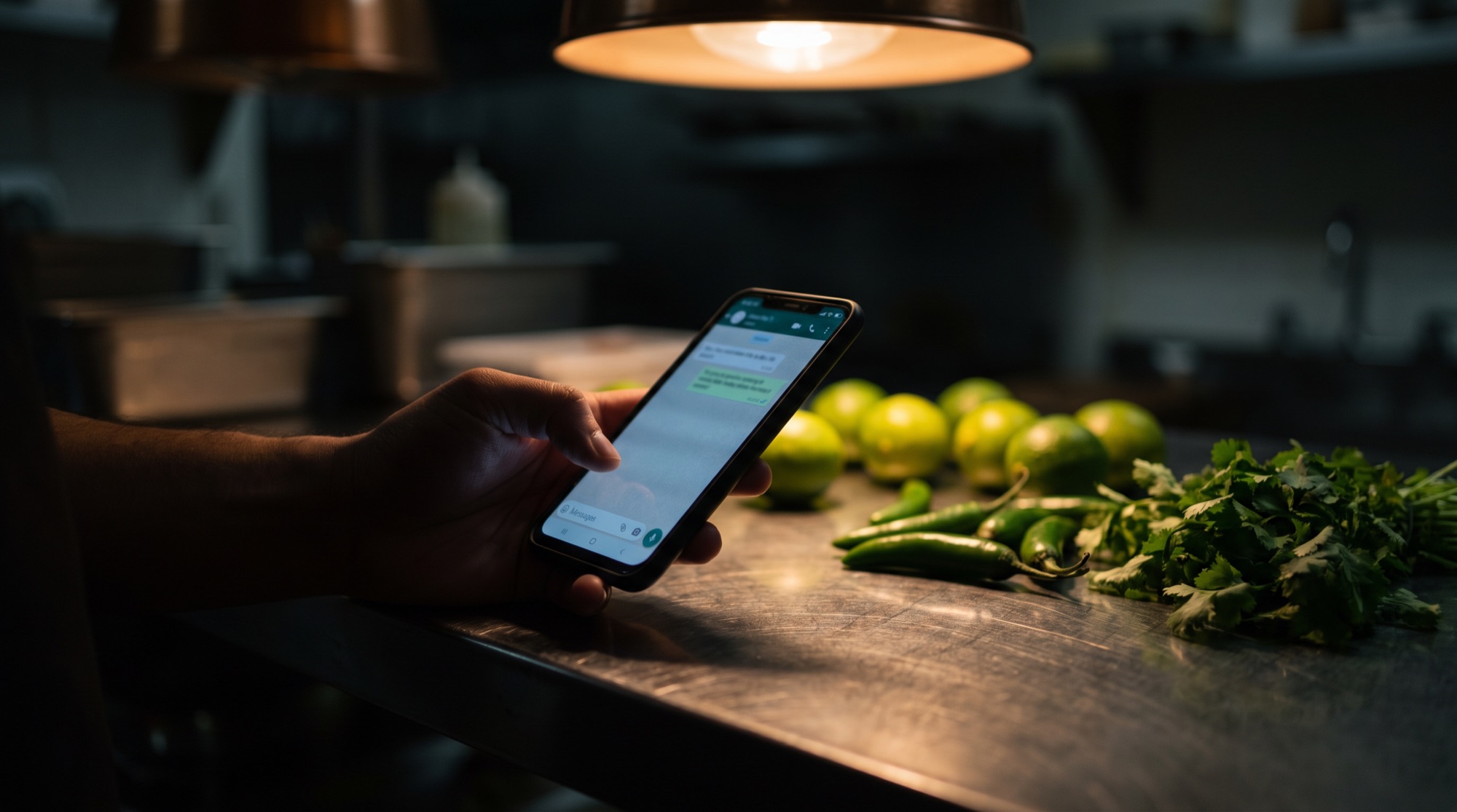 Mano con un teléfono haciendo un pedido por WhatsApp junto a limones y chiles