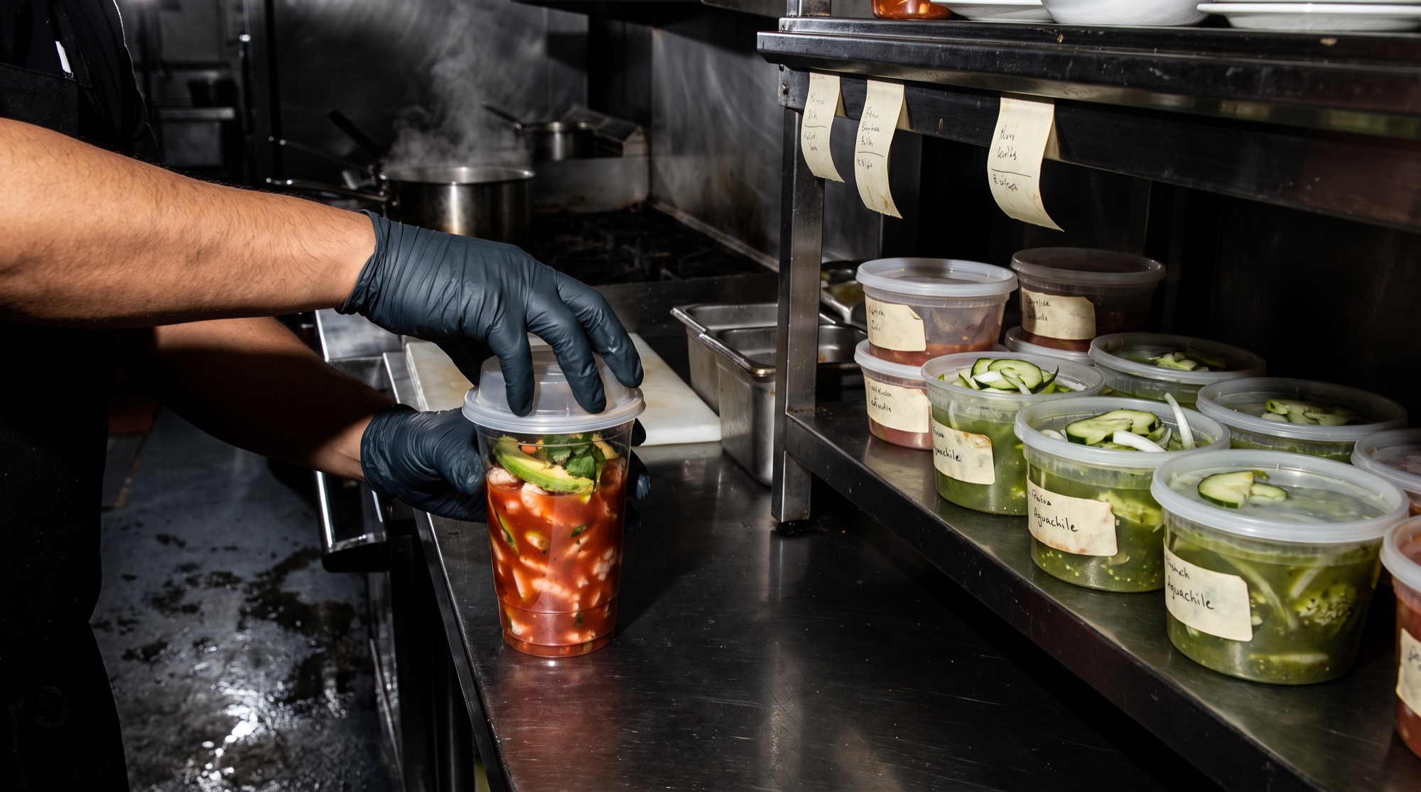 Manos con guantes cerrando un vaso de cóctel junto a aguachiles etiquetados